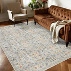 Washable Living Room Rug: 6x9 Boho Floral Soft Area Rug for Bedroom Decor - Vintage Low Pile Thin Carpet for Dining Room Non-Slip - Farmhouse Stain Resistant Rugs - Beige Blue