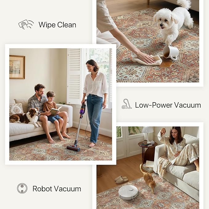 Bavni Clearance 6x9 Area Rugs for Living Room, Machine Washable Rug Non Slip, Vintage Chenille Distressed Print Carpet, Large Low Pile Ultra-Thin Lightweight Rugs for Bedroom, Dining Room, Spice Sky