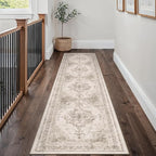 Runner Rug 3x8 Beige Hallway Washable Carpet Non Slip Vintage Medallion Carpet Low Pile Soft Distressed Retro Indoor Long Rug for Entryway Kitchen Bathroom Laundry Bedroom