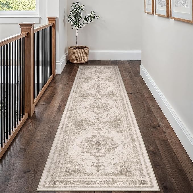 Runner Rug 3x12 Beige Hallway Washable Carpet Non Slip Vintage Medallion Carpet Low Pile Soft Distressed Retro Indoor Long Rug for Entryway Kitchen Bathroom Laundry Bedroom