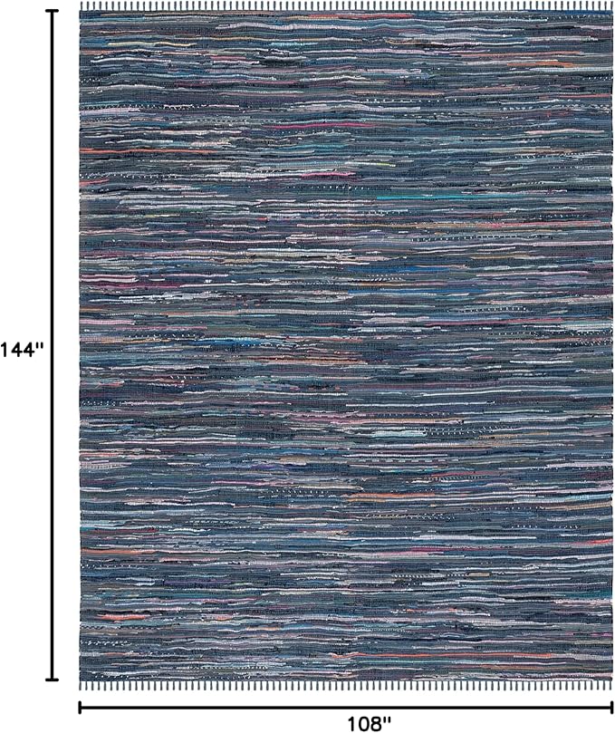 SAFAVIEH Rag Rug Collection Area Rug - 9' x 12', Ink & Multi, Handmade Boho Stripe Cotton, Ideal for High Traffic Areas in Living Room, Bedroom (RAR121C)