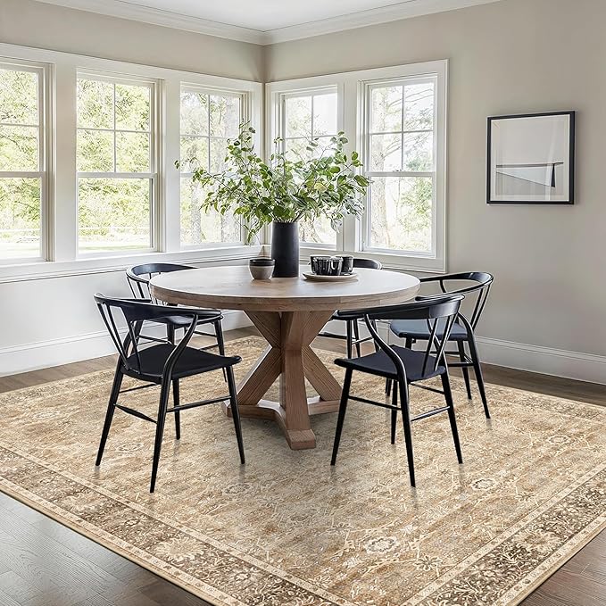 6x9 Beige Washable Rug for Living Room Large Vintage Distressed Bedroom Rug Low Pile Non-Slip Soft Boho Carpets for Bedroom Dining Room Home Office Indoor Nursery