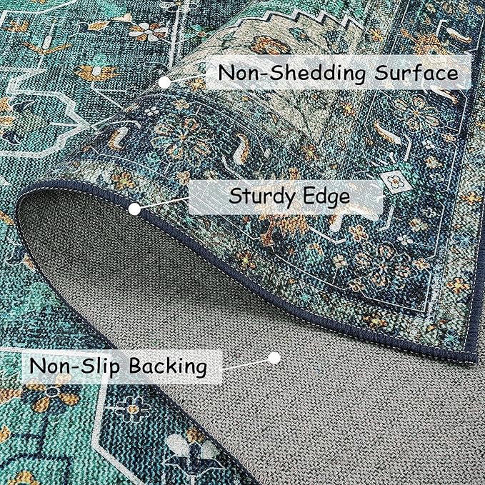 Moynesa Ultra-Thin Washable Runner Rug - 2'6" x 10' Teal Runners for Hallways Stair Carpet Runner, Oriental Non Skid Non Shedding Low Pile Kitchen Mat for Bedroom Mudroom Hardwood Floor