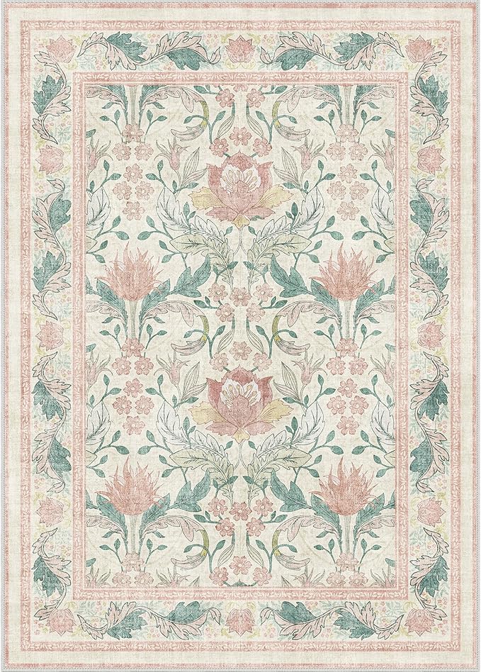 Bavni 8x10 Area Rugs for Living Room, Microfiber Machine Washable Non-Slip Vintage Floral Rug, Low Pile Lightweight Carpet for Bedroom, Dining Room, Home Office, Beige&Pink
