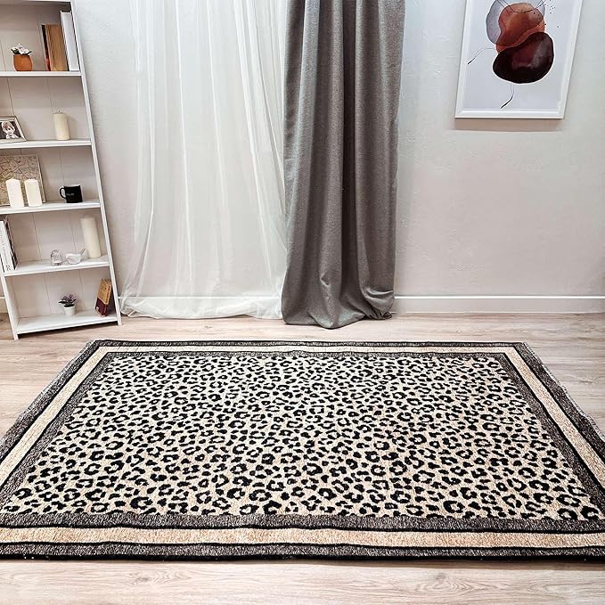 Alfa Rich 5x8 Leopard Beige Black Washable Area Rugs for Living Room Bedroom Kitchen Cotton Rug