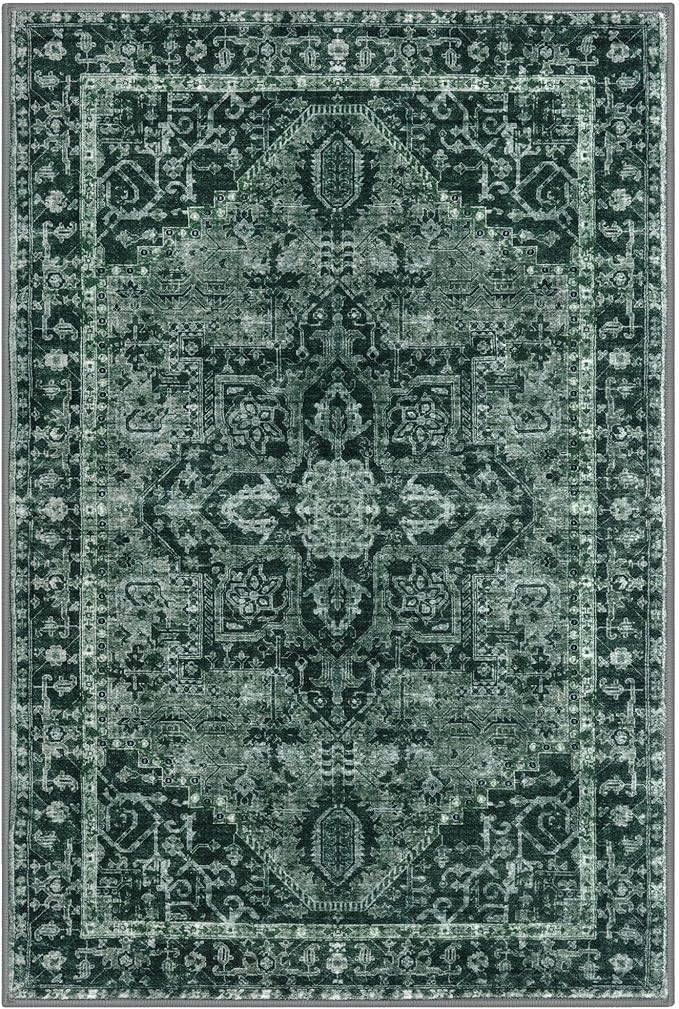 KOZYFLY Small Area Rug 2x3 Ft Rugs for Entryway Washable Boho Entry Rug Non Slip Door Mat Indoor Entrance Faux Wool Vintage Printed Kitchen Rug Throw Rugs for Entrance Kitchen, Dark Green