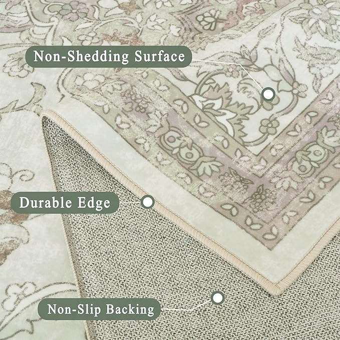 vivorug 6x9 Area Rugs, Ultra-Soft Washable Rug for Living Room Dinner Room Bedroom, Non-Slip Vintage Sage Green Rug, Indoor Carpet Large Area Rug