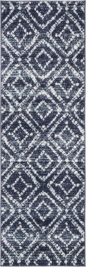 SAFAVIEH Adirondack Collection Runner Rug - 2'6" x 16', Navy & Ivory, Modern Diamond Distressed Design, Non-Shedding & Easy Care, Ideal for High Traffic Areas in Living Room, Bedroom (ADR131N)