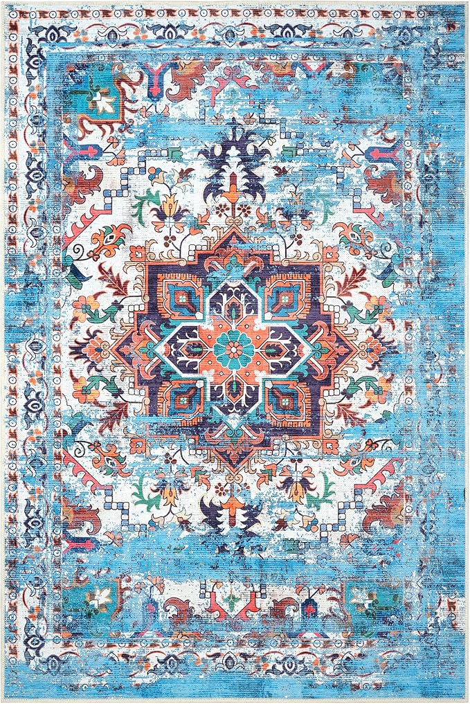 GLN Rugs Traditional Collection - Machine Washable Area Rug, Traditional Washable, Non Slip, Low Pile Chenille Rug, Living Room, Bedroom, Kitchen Rug (3' x 5' Blue/Multicolor)