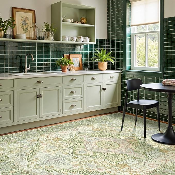 Kokia 9x12 Washable Sage Green Area Rugs with Vintage Orient Design, Soft Rug for Living Room or Bedroom, Non-Slip Low Pile Stain Resistance Features, Distressed Medallion Pattern