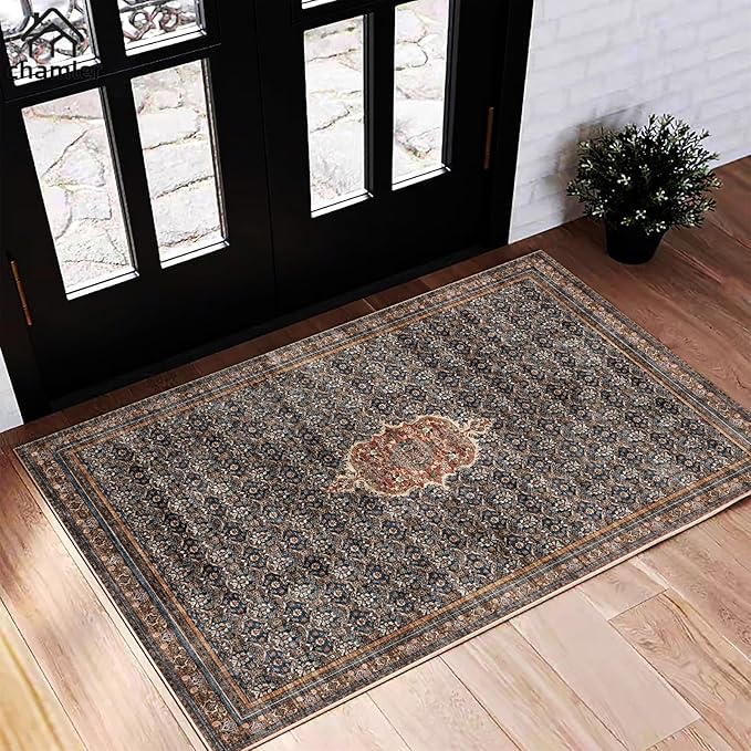 2x3 Area Rug Washable Door Mat Vintage Doormat Indoor Entrance Traditional Thin Floral Print Non Slip Rugs for Kitchen Bathroom Bedroom Living Room