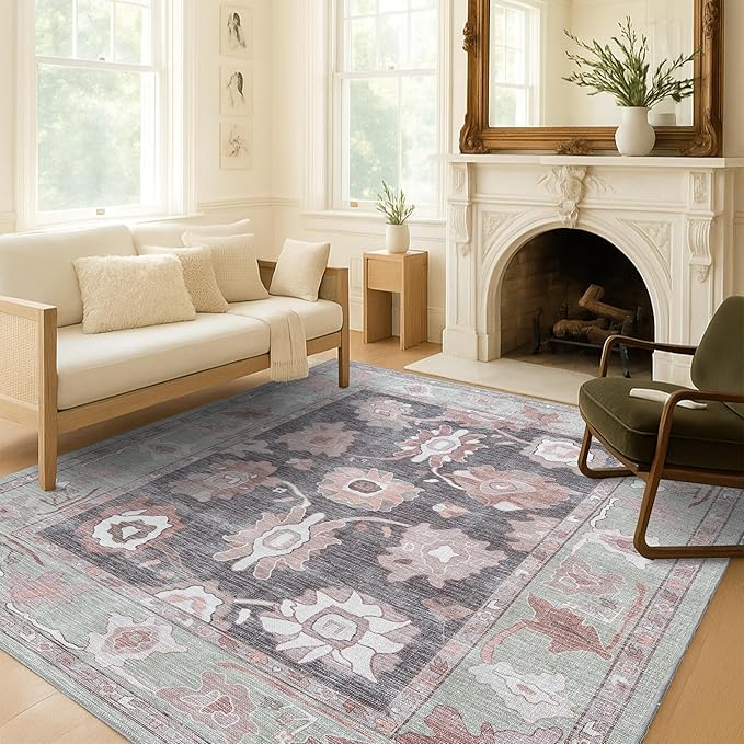 Fame Living Green Oushak Runner Rug, Modern Runners, Vintage, Turkish, Eclectic, Floral, Pastel, Washable, Runner for Hallway, Kitchen, Bedroom, Bathroom, 2'5"x9'8"