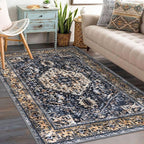 KOZYFLY Boho Area Rug 3x5 Ft Rugs for Entryway Washable Entry Rug Non Slip Door Mat Indoor Entrance Gold Navy Printed Faux Wool Vintage Kitchen Rug Throw Rugs for Entrance Kitchen Living Room