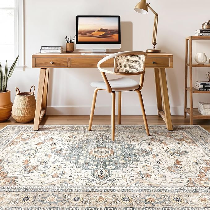 8x12 Area Rugs Living Room: Washable Boho Large Neutral Vintage Soft Rug Stain Resistant Distressed Farmhouse Non-Slip Indoor Floor Carpet for Bedroom Nursery Kids Office Dining Room- Beige Blue