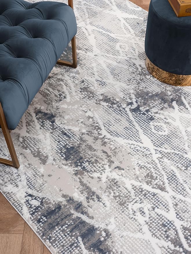 Adel Modern Area Rug for Living Room, 6x9 Rustic Distressed Abstract Blue Rug, Medium Pile Stain Resistant Carpet for Bedroom, Dining Room or Kitchen (6' x 9', Blue)