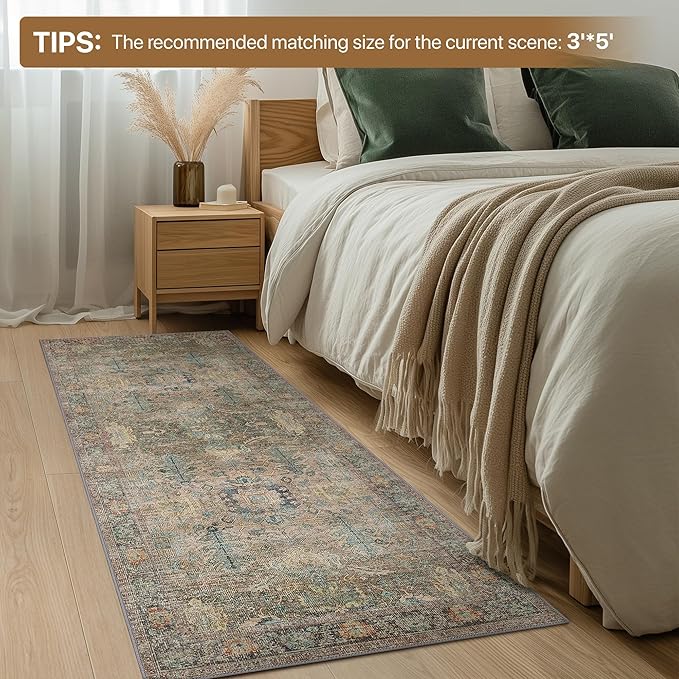 Bavni Runner Rug, Machine Washable Rugs for Bedroom 2x5, Non Slip Boho Rugs with Rubber Backing, Ultra-Thin Folable Rug Runner for Hallways Bathroom, Olive Green