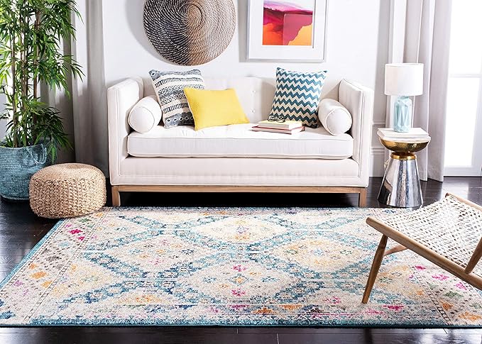 SAFAVIEH Madison Collection Accent Rug - 4' x 6', Dark Blue & Yellow, Boho Distressed Design, Non-Shedding & Easy Care, Ideal for High Traffic Areas in Entryway, Living Room, Bedroom (MAD418N)