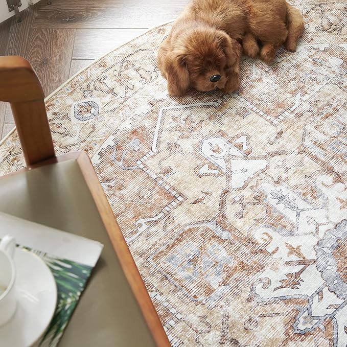 jinchan Kelda Round Rug 5ft Washable Area Rug Indoor Vintage Floor Cover Distressed Circle Mat 5' Round Lightweight Non Slip Low Pile Thin Carpet for Entryway Kitchen Living Room Bedroom Brick Red