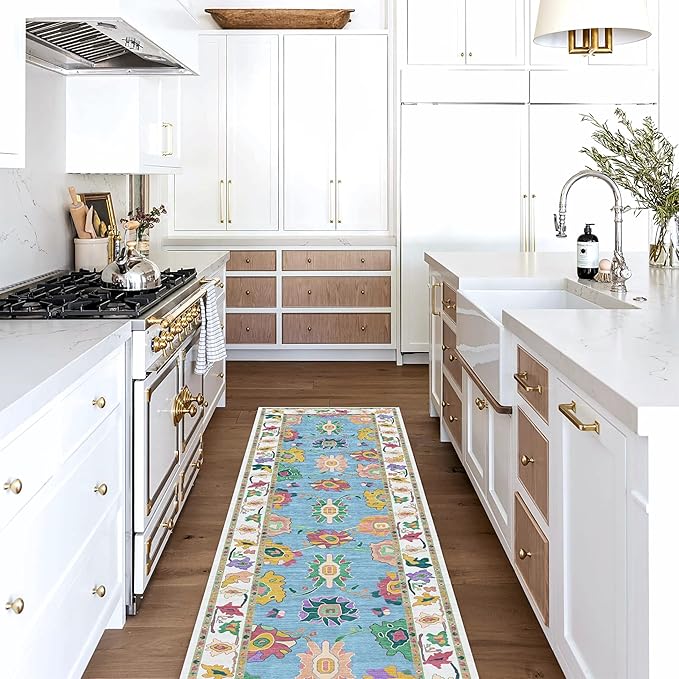Fame Living Colorful Oushak Rug, Modern Rugs, Vintage, Turkish, Eclectic, Floral, Pastel, Washable, Small Throw, Accent Area Rug for Living Room, Bedroom, Kitchen, Bathroom, 2'5"x4'9"