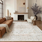 9x12 Washable Vintage Area Rug for Living Room Bedroom Beige Grey Soft Tranditional Non Slip Large Throw Rug Lightweight Floral Low Pile Distressed Carpet Office Playroom Dining Room