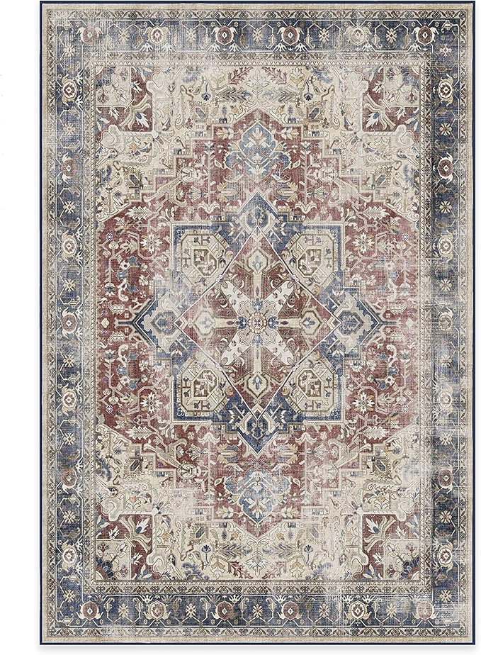 RUGGABLE Washable Vintage Area Rug – Kamran Royal Blue 6x9, Stain-Resistant, Non-Slip – Medium Machine Washable Rugs for Living Room, Bedroom, Hallway, Entryway & Office–with Standard Pad