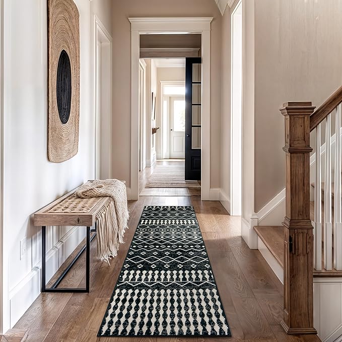 Rugshop Boho Black and White Tribal Area Rug – Geometric Diamond and Stripe Pattern Carpet for Living Room, Bedroom, or Entryway – Soft Modern Bohemian Floor Décor 2' 3" x 12' Runner Black
