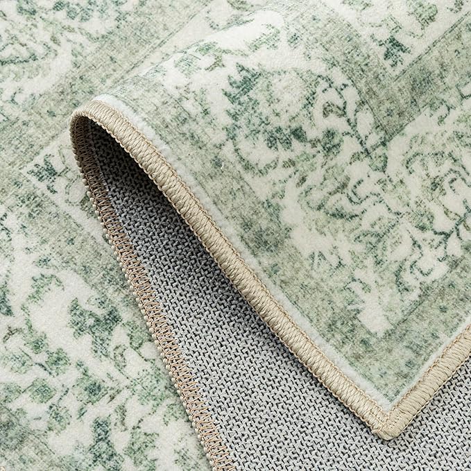 Sage Green Area Rug 4x5 Washable Office Entryway Carpet Vintage Distressed Non Slip Kitchen Indoor Entry Neutral Low Pile Retro Floral Farmhouse Throw Mat for Laundry Dining Room Bedroom