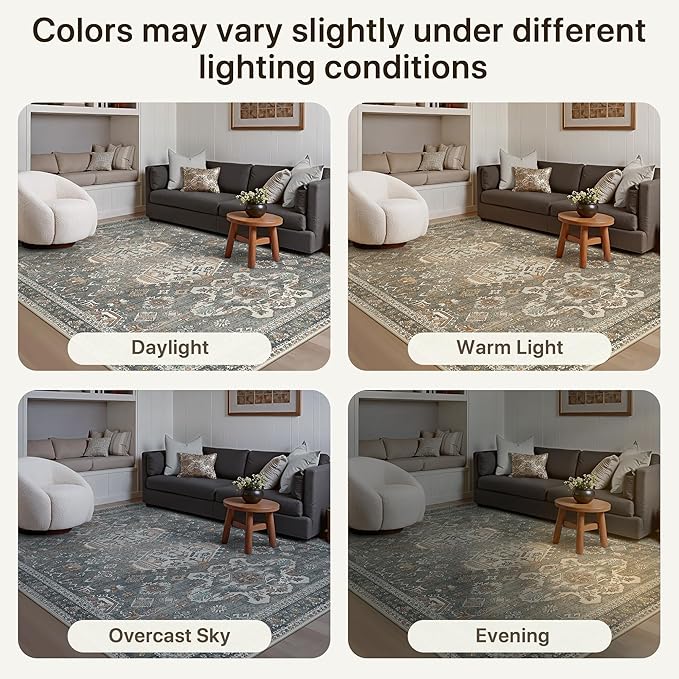 Bavni 3x5 Area Rug for Living Room Bedroom, Washable Boho Print Vintage Aesthetic Rug, Ultra-Thin Low Pile Rugs for Entryway Playroom with Non Slip Backing, Grey