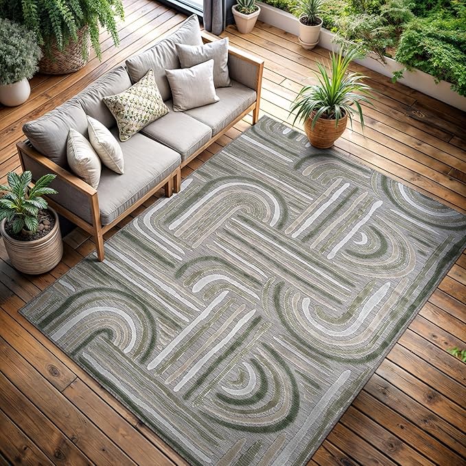 CAMILSON Indoor Outdoor Rug, Beige 6x9 Geometric Arch Striped Area Rugs for Patio and Home Areas, Easy-Cleaning Non-Shedding Living Room, Garden and Deck Washable Outside Carpet (6 x 9)