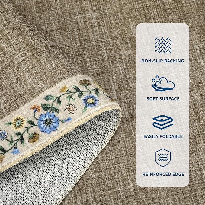 GarveeHome Washable Area Rugs for Bedroom 5x7 Living Room Modern Floral Throw Rugs Non-Slip Lightweight Thin Carpet Modern Farmhouse Print Non-Shedding Soft Low Pile Floor Cover, Dark Camel