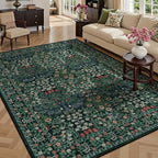 9x12 Area Rug Living Room Rug - Floral Vintage Forest Washable Carpet, Low Pile Non-Slip Stain Resistance Boho Soft Large Carpet for Bedroom, Dining Room Under Table, Farmhouse (9'x12' Dark Green)