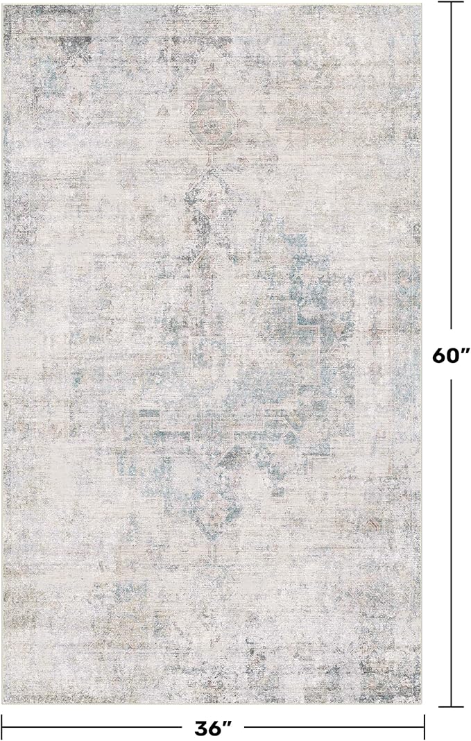 Washable Light Blue Rugs for Entryway Indoor - 3x5 Throw Rug for Large Kitchen, Bedroom Bedside, Bathroom, Mudroom, Mordern Abstract Medallion Aqua Décor, Non Slip Low Pile Fade Resistant