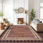 Geometric Bordered 5x7 Washable Low Pile Area Rugs for Bedroom Living Room Playroom Modern Non Slip Foldable Soft Indoor Carpet Stain Resistant Non-Shedding Dining Room Farmhouse Rug, Brick Red