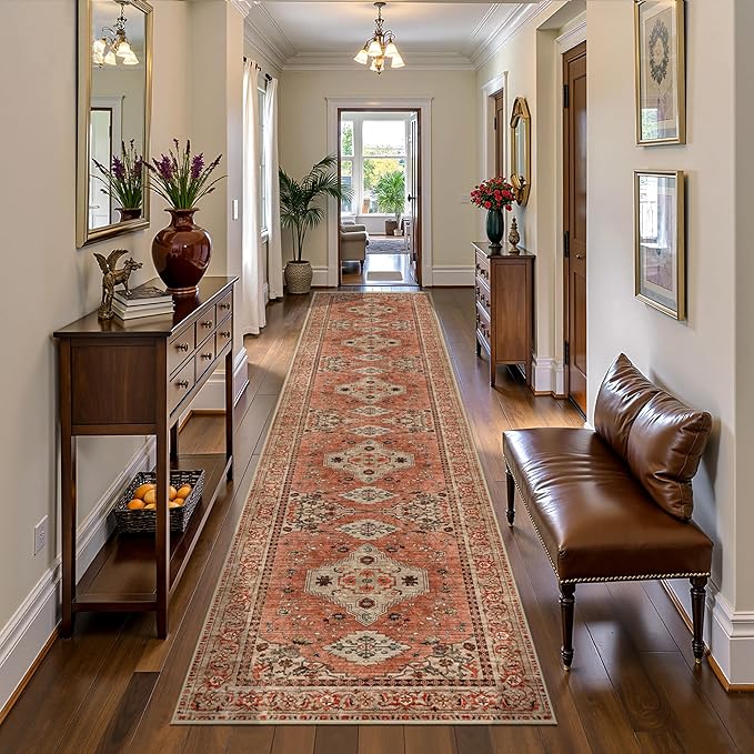 Tangsoo Boho Hallway Runner Rug 2.6x12 Washable Runner Rug for Hallways, Non Slip Vintage Soft Low Pile Long Rug Runner, Oriental Terracotta Carpet Runners for Kitchen Bedroom Entryway Living Room