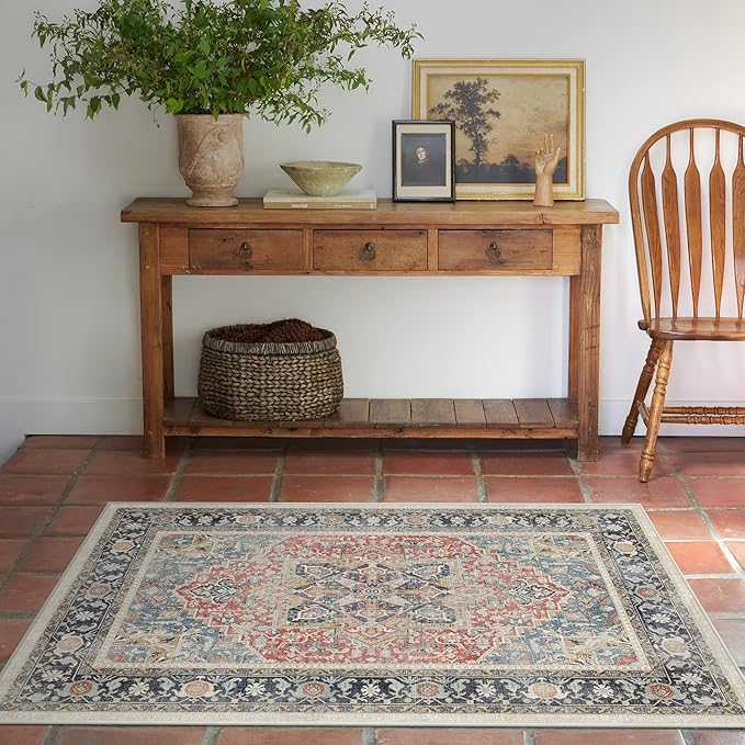 RUGGABLE Washable Vintage Area Rug – Kamran Cayenne Red 4x6, Stain-Resistant, Non-Slip – Medium Machine Washable Rugs for Living Room, Bedroom, Hallway, Entryway & Office–with Standard Pad
