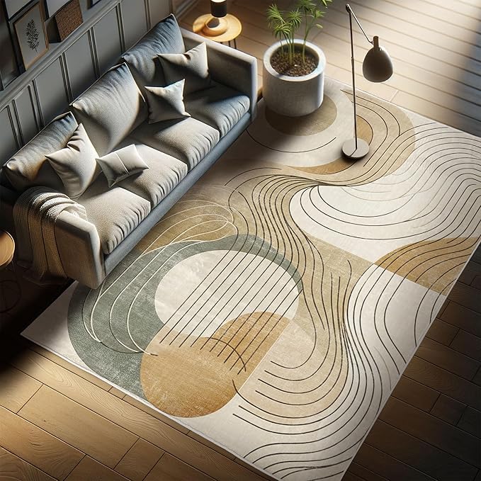 Ambesonne Modern Boho Decorative Rug, Abstract Geometry Earth Tones Swirls and Rounds Mid Century Details, Quality Carpet for Bedroom Dorm and Living Room, 2' x 5', Tan Beige Grey Teal