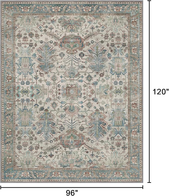 Area Rugs 8x10 Clearance Washable Boho Rug for Bedroom Living Room, Non Slip Thin Low Pile Chenille Carpet for Dining Room,Vintage Farmhouse, Blue/Ivory