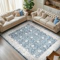 jinchan Floral 6x9 Area Rug for Living Room - Machine Washable Vintage Distressed Boho Design Throw Rug Stain Resistant Carpet Low-Pile Thin Non-Slip for Bedroom Dining Room Nursery (6‘x9', Dark Blue)