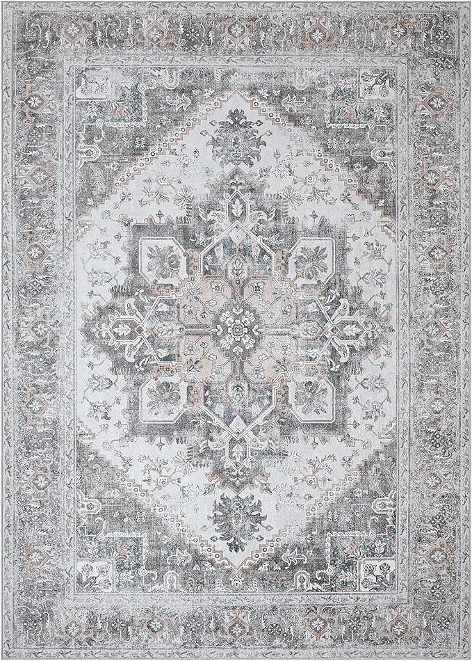Bavni Area Rug 5x7 for Living Room Bedroom Dining Room, Boho Tribal Machine Washable Rug Print Vintage Aesthetic Gray Carpet, Floor Cover, Low Pile Lightweight Non Slip