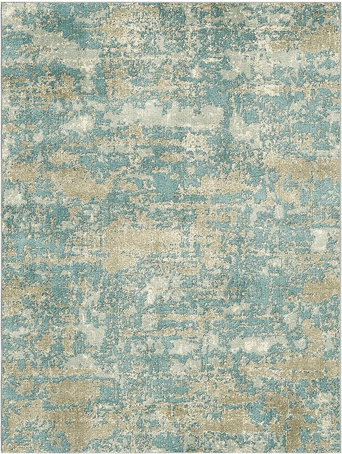WITSHOCK Living Room Area Rugs 9x12：Modern Abstract Machine Washable Large Rug for Bedroom Dining Room Non-Slip Stain Resistant Home Office Decor,Teal Brown