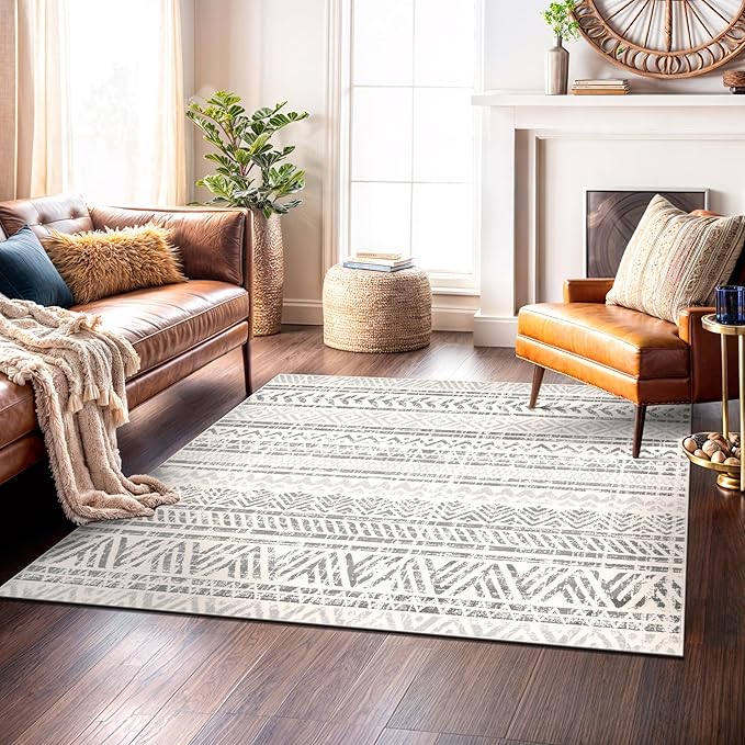 Rugshop Geometric Boho Square Rug – Gray Tribal Pattern, Perfect for Living Room, Bedroom, Dining Room, 6'6" x 6'6" Square