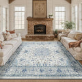 Area Rugs Square 8ft Washable Non-Slip, Floral Vintage Distress Print Pattern Medallion Carpet for Living Room Bedroom Dining Room, Light Blue Navy Beige Gray White
