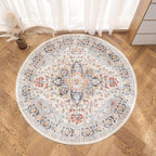 VK VK·LIVING Round Washable Rug 5'Ft Vintage Machine Washable Area Rugs with Non Slip Round Rugs for Living Room Bedroom Traditional Woven Carpet Stain Resistant Dining Home Office Boho Rug (Blue)