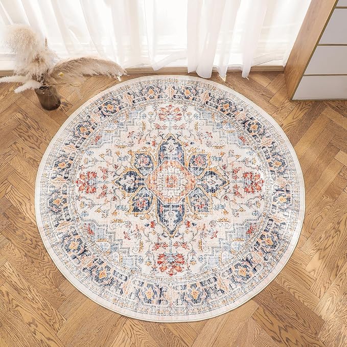 VK VK·LIVING Round Washable Rug 5'Ft Vintage Machine Washable Area Rugs with Non Slip Round Rugs for Living Room Bedroom Traditional Woven Carpet Stain Resistant Dining Home Office Boho Rug (Blue)