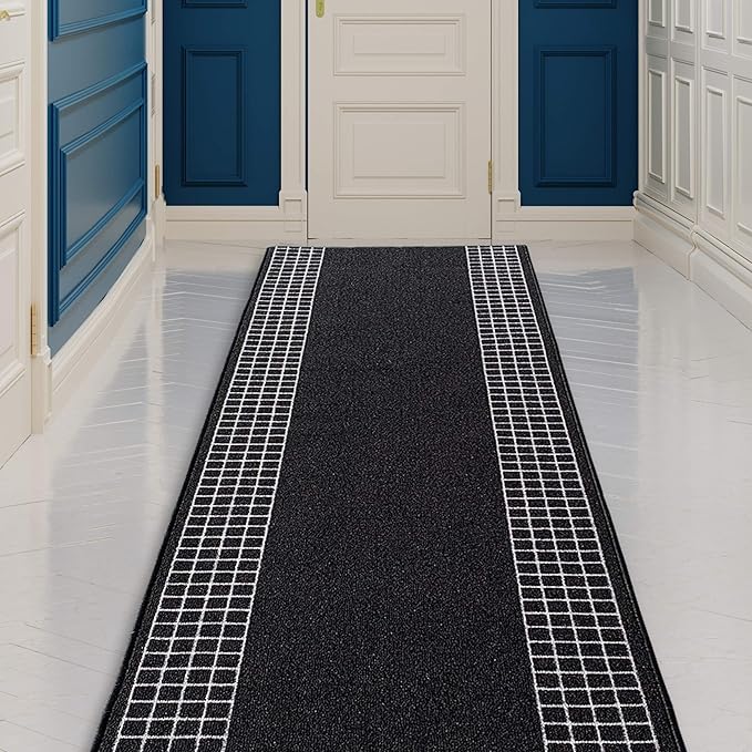 Custom Made Runner Rug for Kitchen Foyer Hallway Entry Choose Your Length 31 Inch Wide Geometric Checkered Design Black Color (16 feet x 31 Inch)