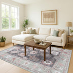 Fame Living Green Oushak Rug, Modern, Vintage, Turkish, Eclectic, Floral, Pastel, Washable, Large Area Rugs for Living Room, Dining, Bedroom, Girls, Boys, 7'5"x9'8"