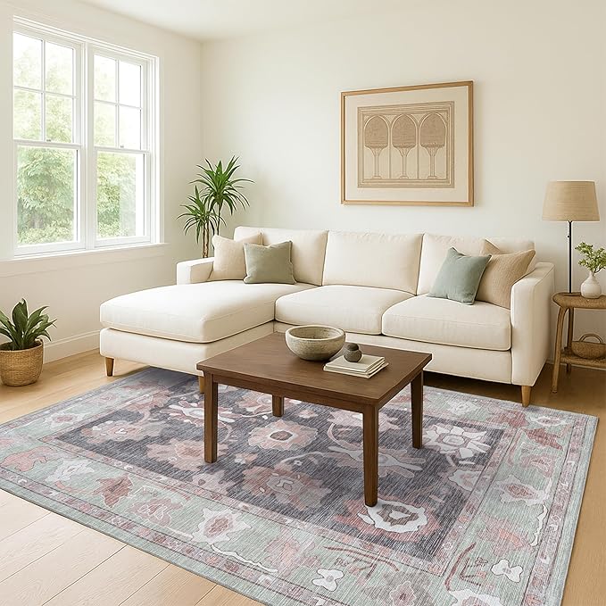 Fame Living Green Oushak Rug, Modern Small Rugs, Vintage, Turkish, Eclectic, Floral, Pastel, Washable, Door Mat, Doormat for Indoor Entrance, Entryway, Kitchen, Bathroom, Bedroom, Laundry, 2'x3'