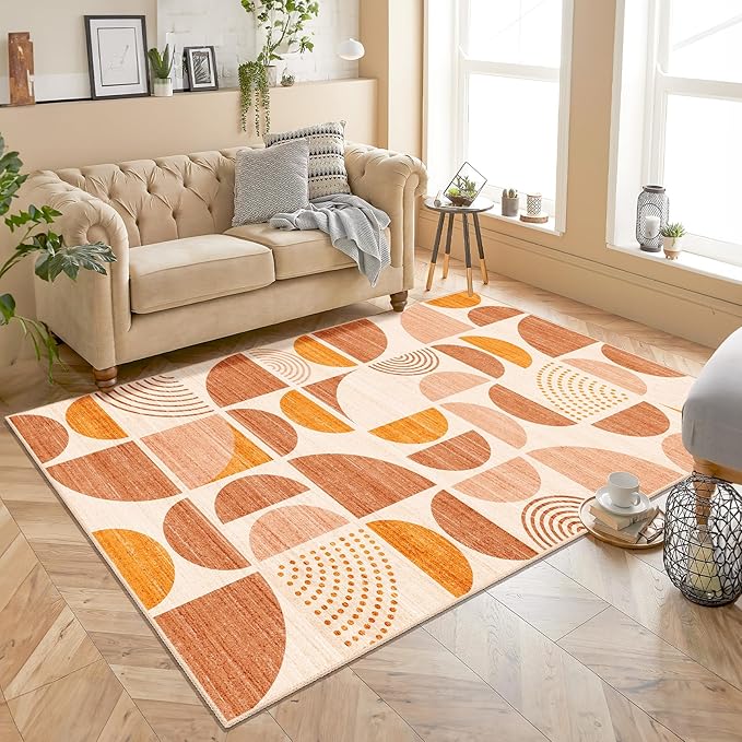 MUJOO Boho Rug Washable,4x6.5 Area Rugs for Bedroom Living Room Bedside Office,Throw Floor Carpet Non Slip Soft Indoor Modern Abstract Bohemian Orange