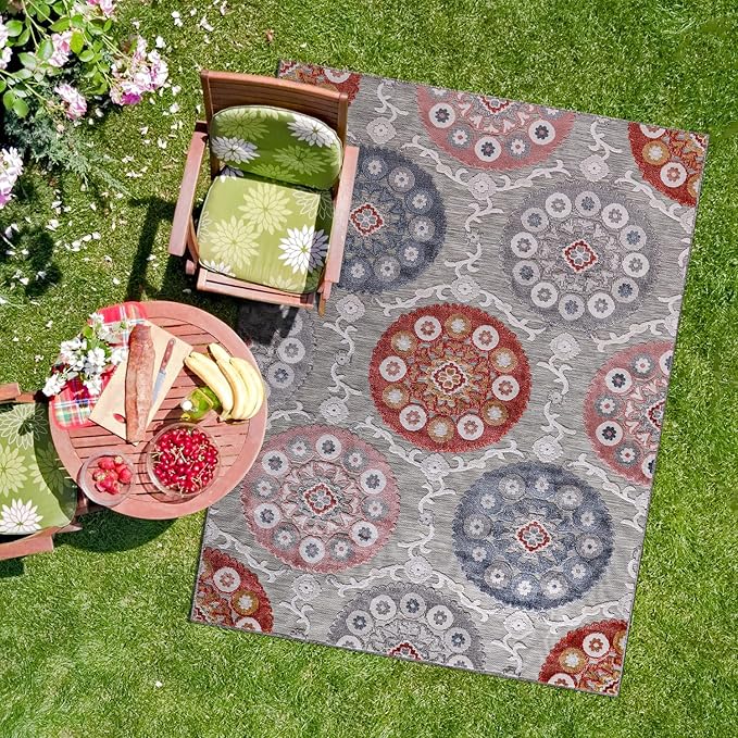 CAMILSON Indoor Outdoor Rug 6x9 Bohemian Medallion Floral Area Rugs for Indoor and Outdoor Patios Easy-Cleaning Non-Shedding Living Room Garden and Kitchen Washable Outside Carpet (6 x 9 / Multicolor)