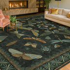 Green Living Room Rug - Vintage Washable Dark Green 10x14 Rug for Dining Room Under Table, Bedroom, Insect Moth Floral Design, Non-Slip Soft Low Pile